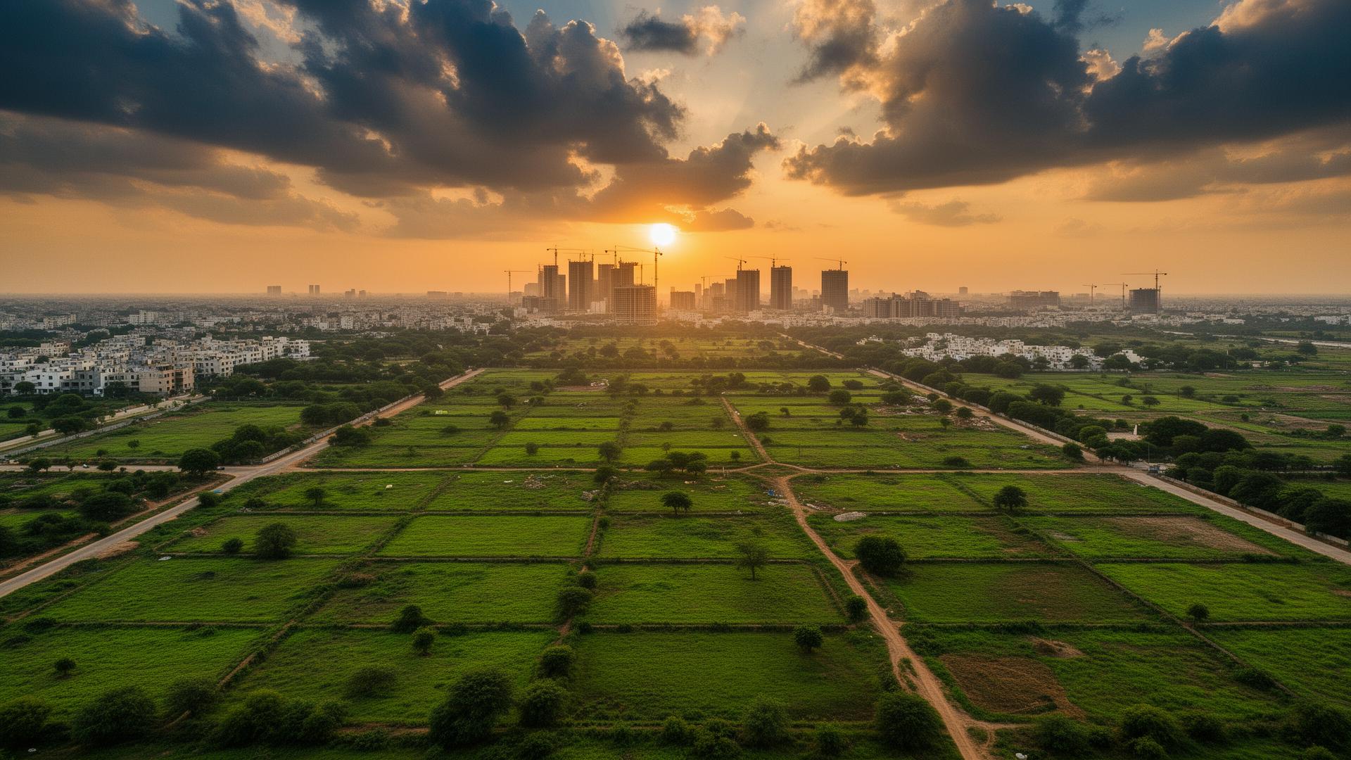 Aerial view of Hyderabad eastern growth corridor at golden hour